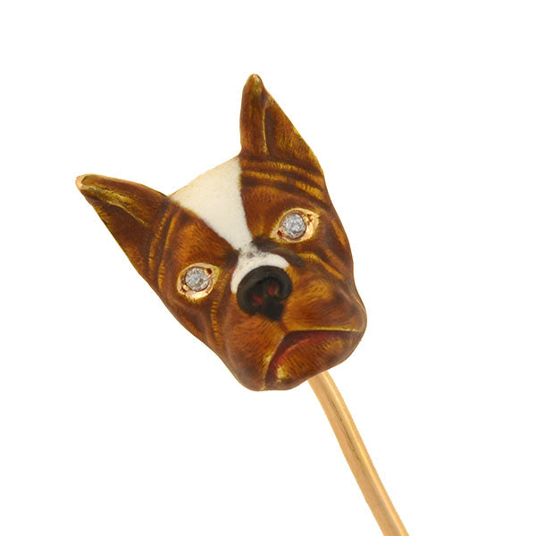 Late Art Deco 14kt Diamond + Enamel French Bulldog Stick Pin