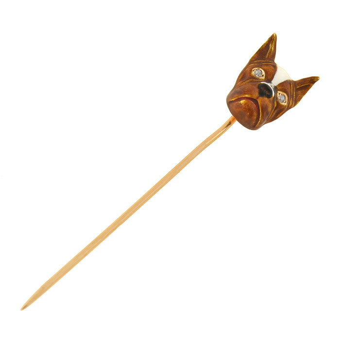 Late Art Deco 14kt Diamond + Enamel French Bulldog Stick Pin