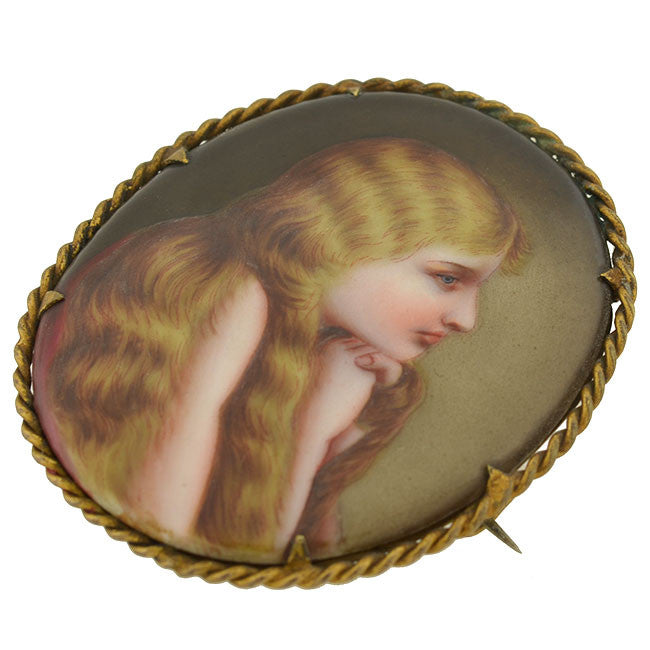 Victorian Large Gold-Filled Painted Portrait Young Girl Pin