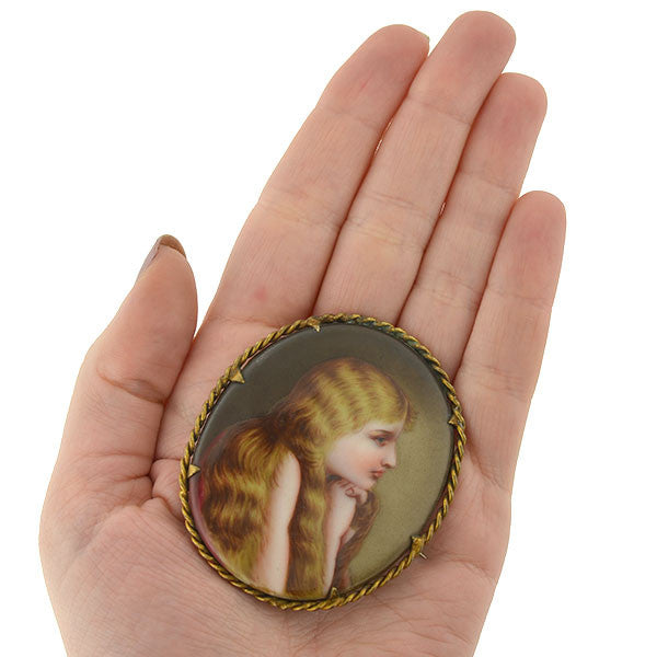 Victorian Large Gold-Filled Painted Portrait Young Girl Pin