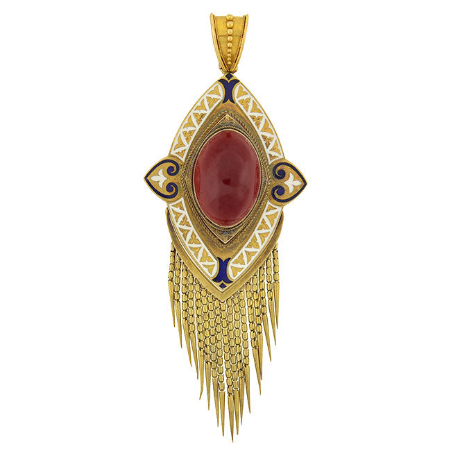 Victorian Large 15kt Garnet & Enamel Foxtail Fringe Pendant