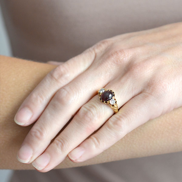 Victorian 15kt Cabochon Garnet + Diamond Ring 0.80ct center