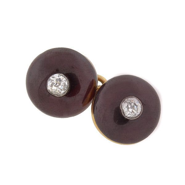Victorian 15kt Cabochon Garnet & 1ctw Diamond Cufflinks