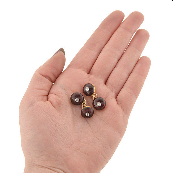 Victorian 15kt Cabochon Garnet & 1ctw Diamond Cufflinks