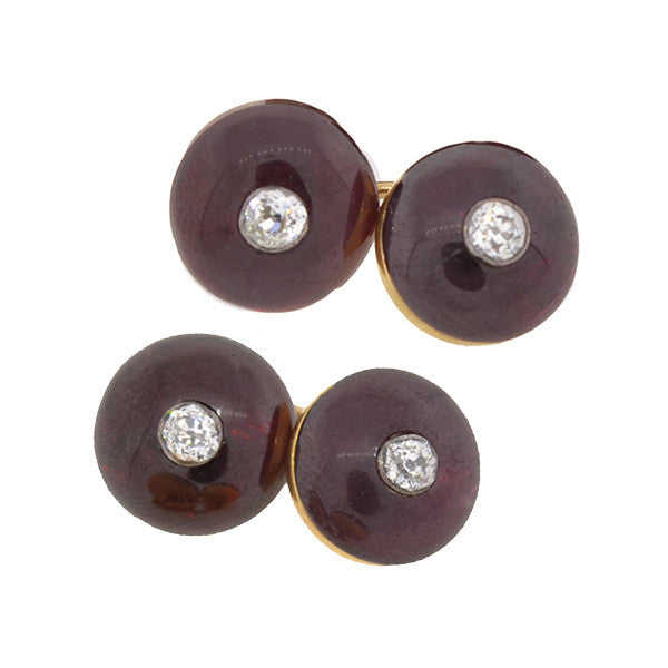 Victorian 15kt Cabochon Garnet & 1ctw Diamond Cufflinks