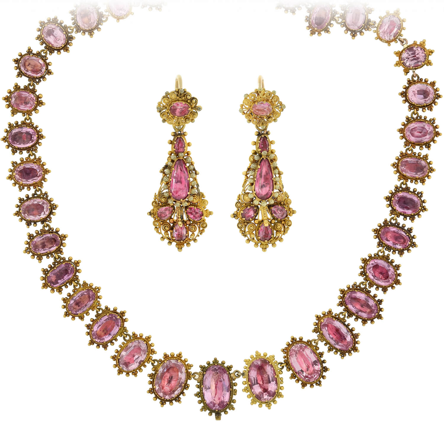 Georgian Rare 18kt Foil-Back Pink Topaz Necklace + Earring Demi-Parure Set