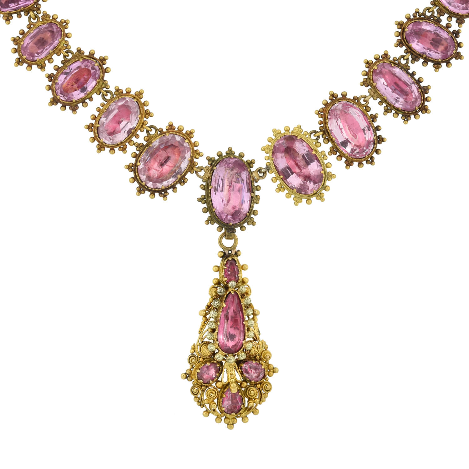 Georgian Rare 18kt Foil-Back Pink Topaz Necklace + Earring Demi-Parure Set