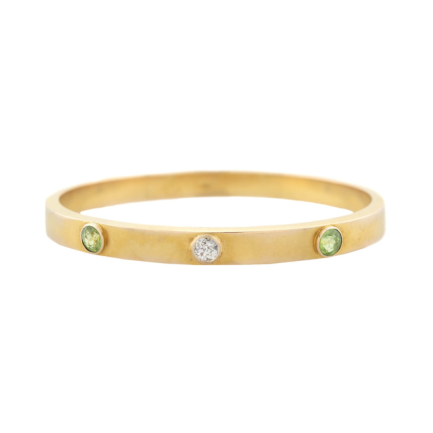 SLOAN & CO. Victorian 14kt 3-Stone Peridot + Diamond Bangle Bracelet