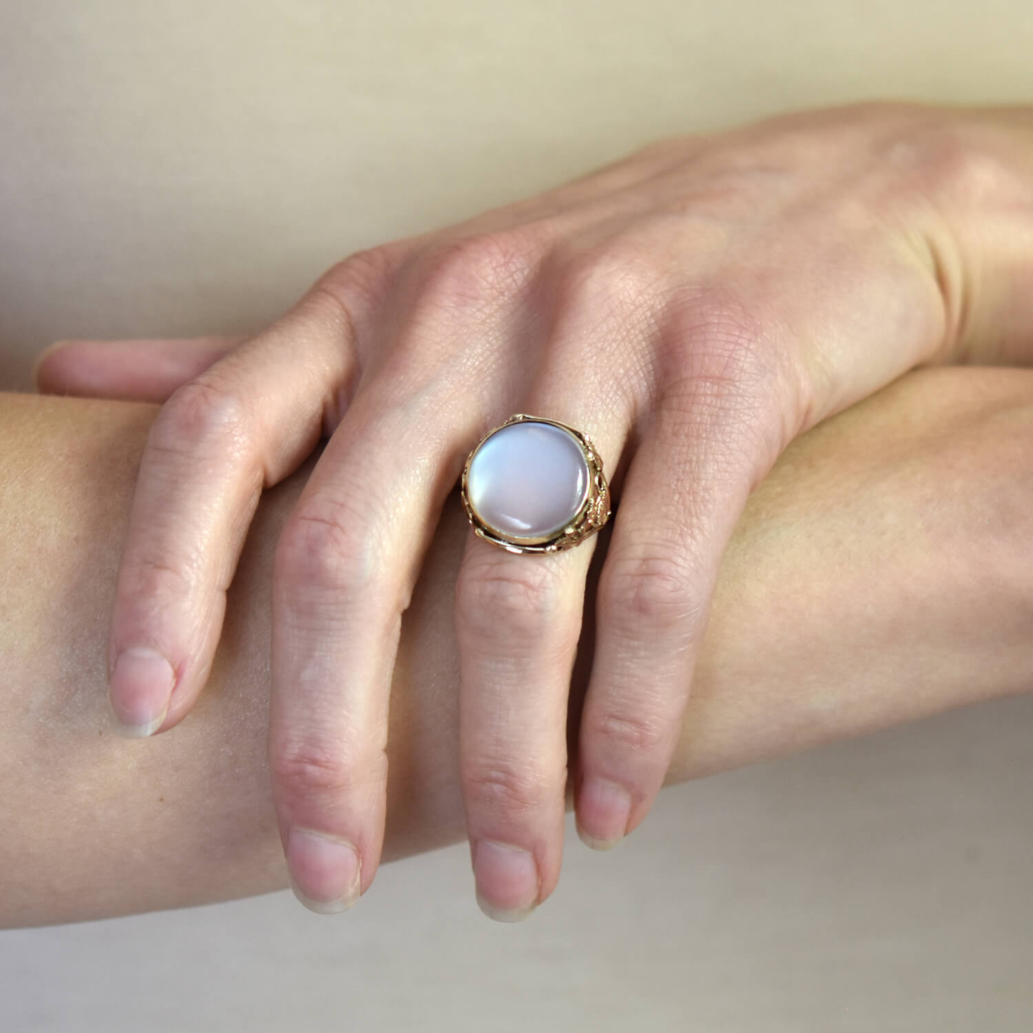 Art Nouveau 14kt Moonstone Leaf Motif Ring