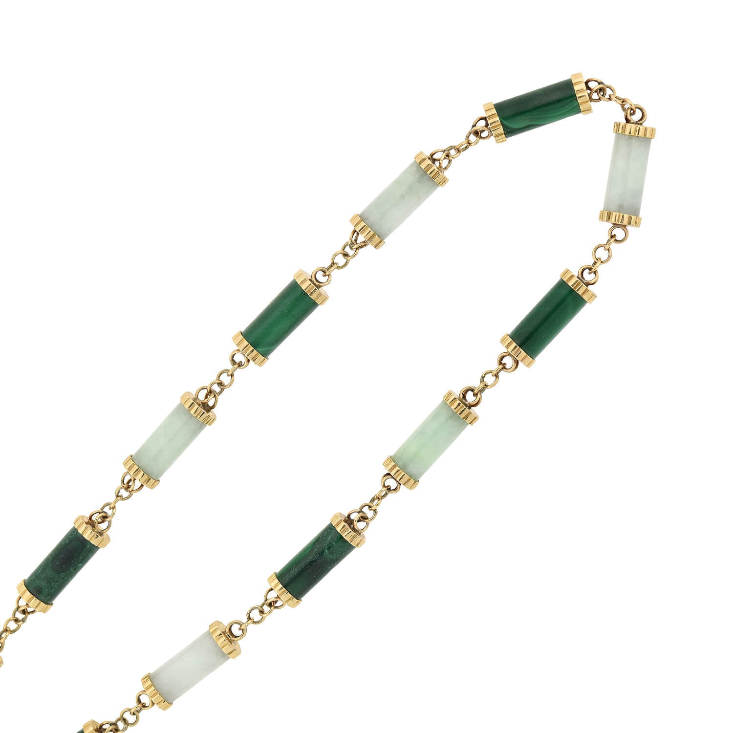 Vintage 14kt Nephrite Jade + Malachite Link Necklace 35"