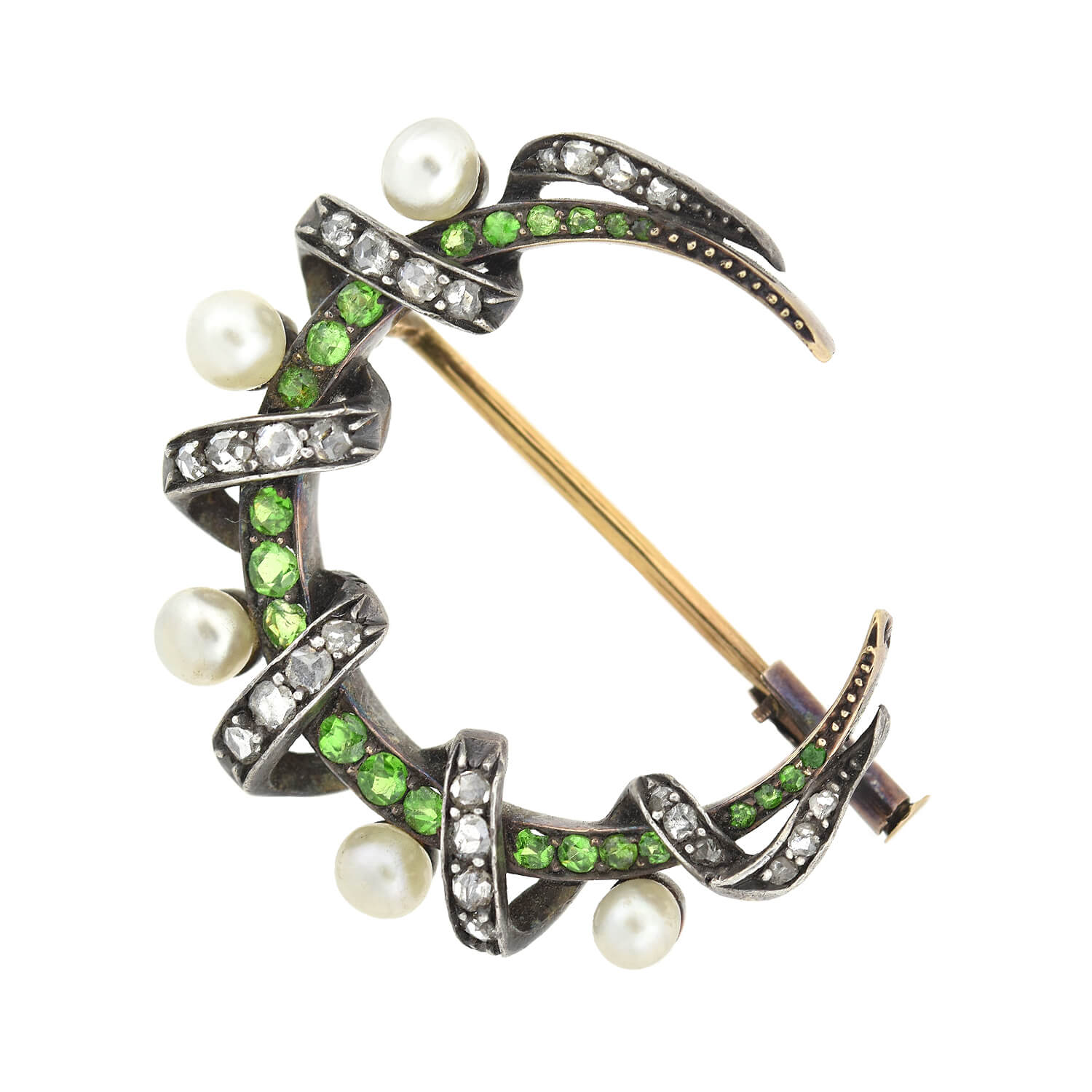 Victorian 18kt/Sterling Demantoid Garnet, Diamond + Pearl Crescent Moon Pin