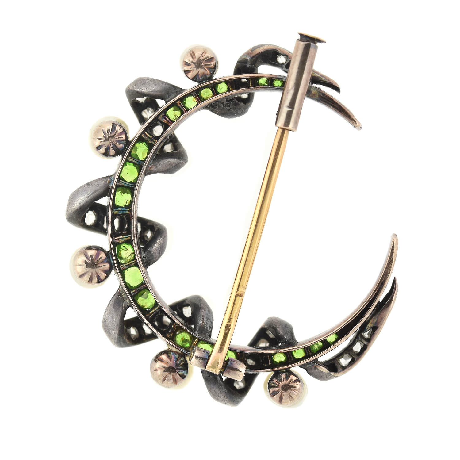 Victorian 18kt/Sterling Demantoid Garnet, Diamond + Pearl Crescent Moon Pin