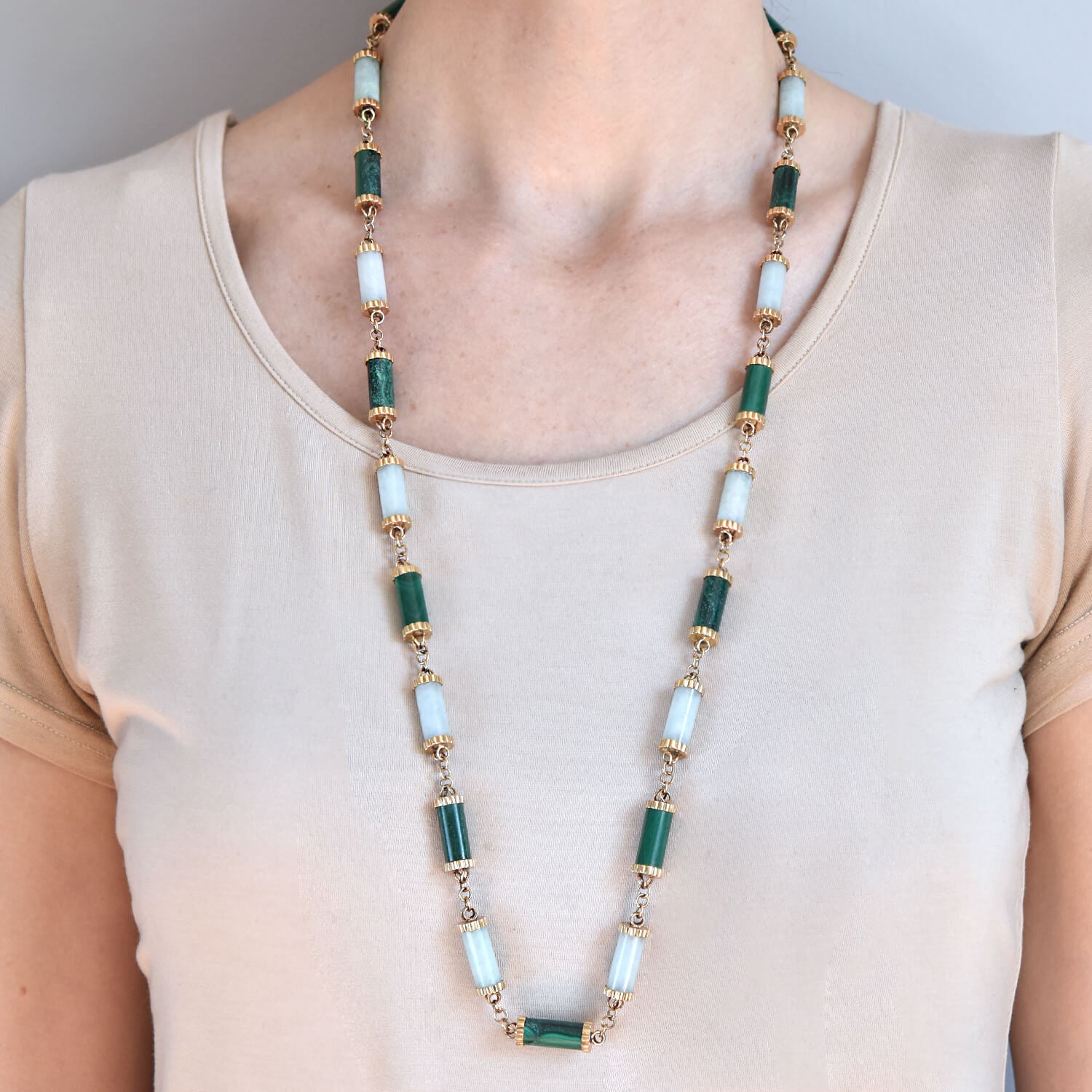 Vintage 14kt Nephrite Jade + Malachite Link Necklace 35"