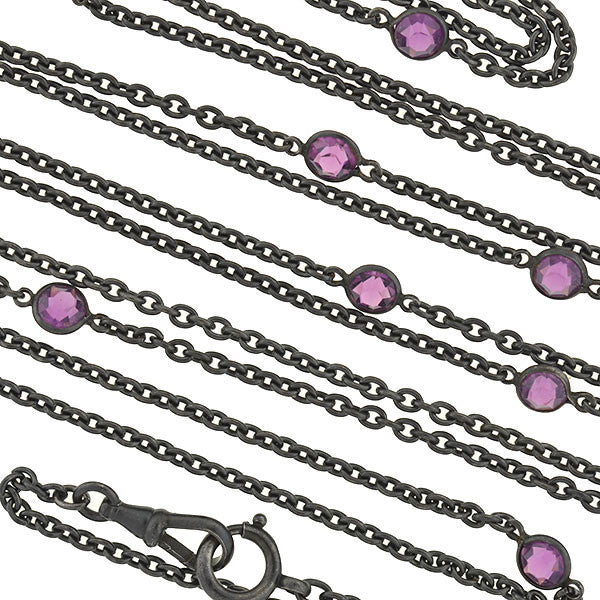 Victorian Long Gunmetal & Purple Crystal Chain 60"