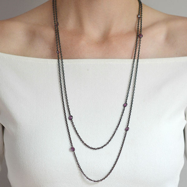 Victorian Long Gunmetal & Purple Crystal Chain 60"