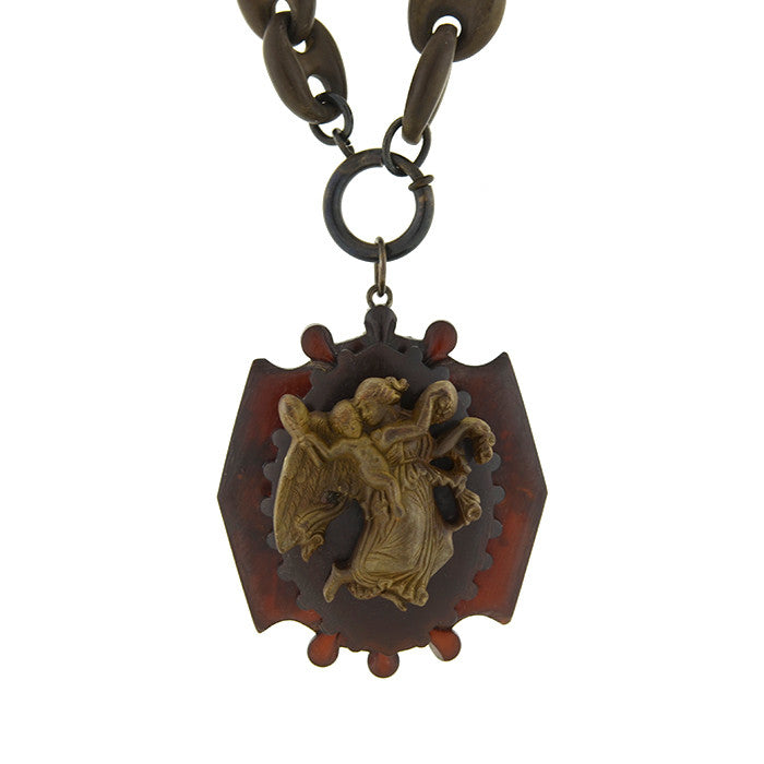 Victorian Gutta-Percha & Carved Horn Chain & Pendant