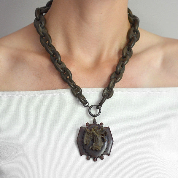 Victorian Gutta-Percha & Carved Horn Chain & Pendant