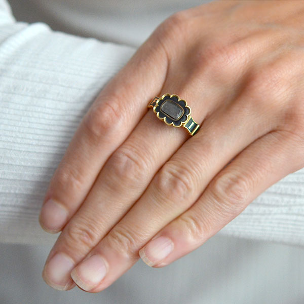 Early Victorian English 18kt Enamel & Woven Hair Mourning Ring