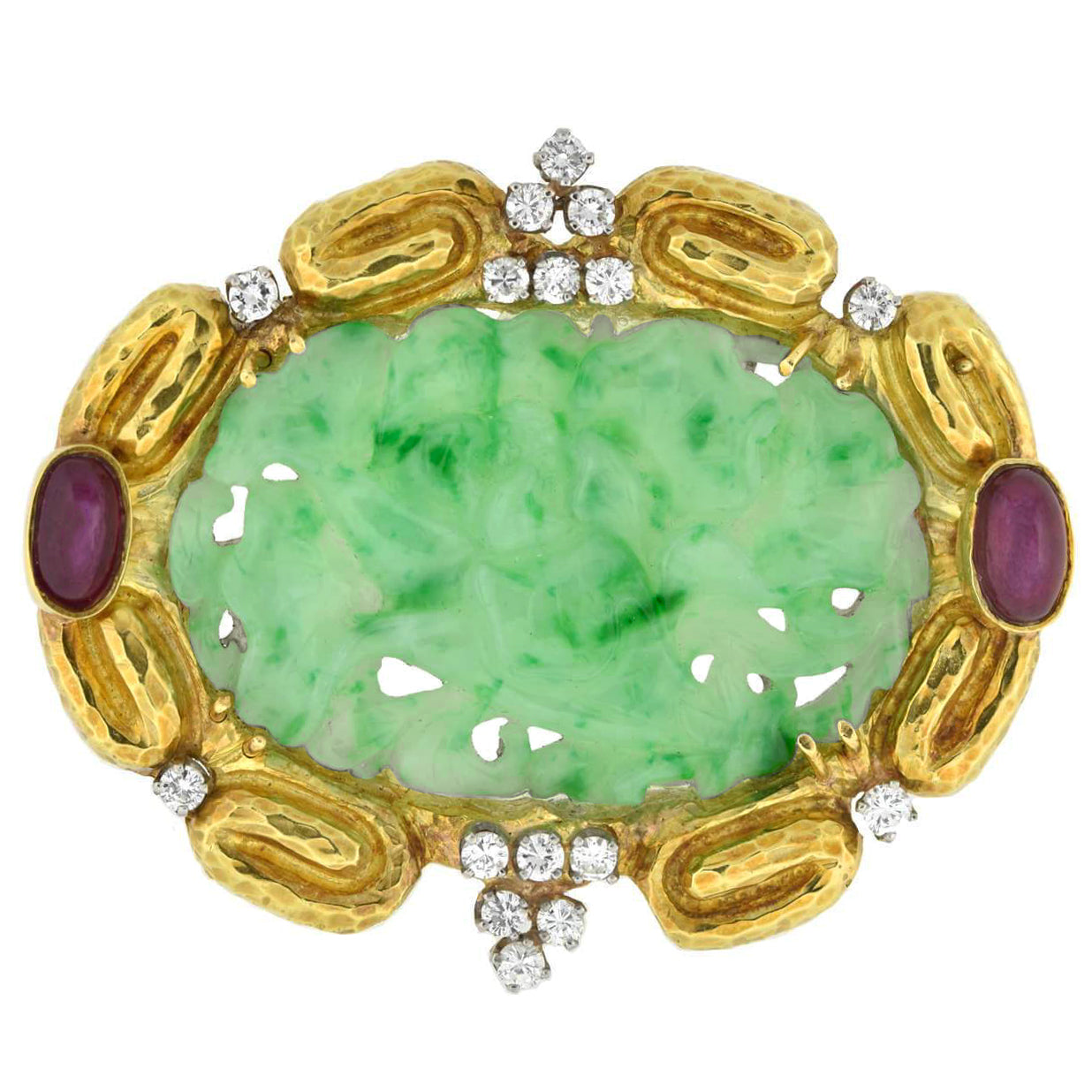 Estate Large 18kt Carved Jade, Ruby + Diamond Pin