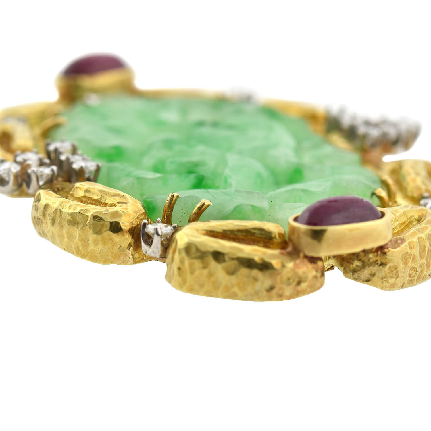 Estate Large 18kt Carved Jade, Ruby + Diamond Pin