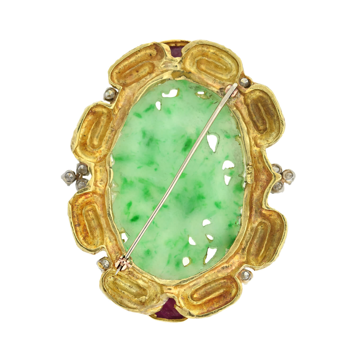 Estate Large 18kt Carved Jade, Ruby + Diamond Pin