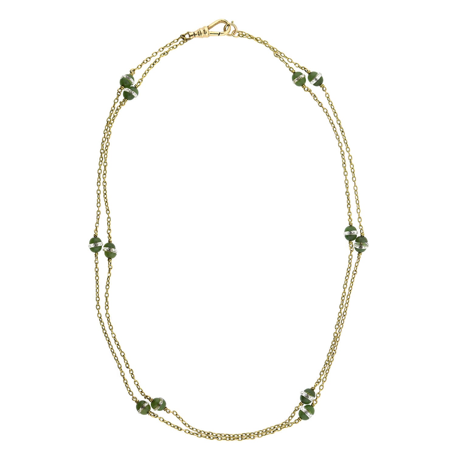 Late Victorian 14kt Rock Quartz Crystal + Jade Chain Necklace