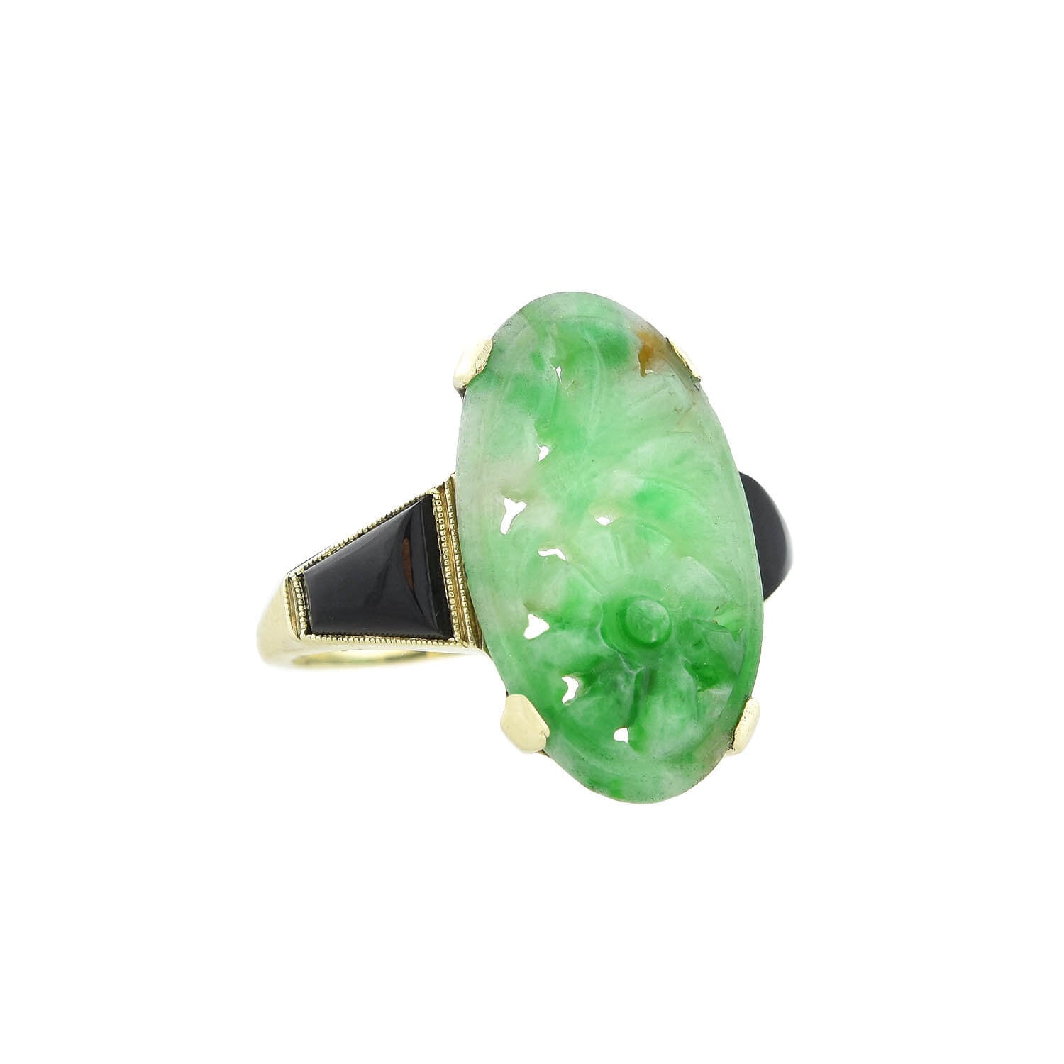 Art Deco 14kt Carved Natural Floral Jadite + Onyx Ring