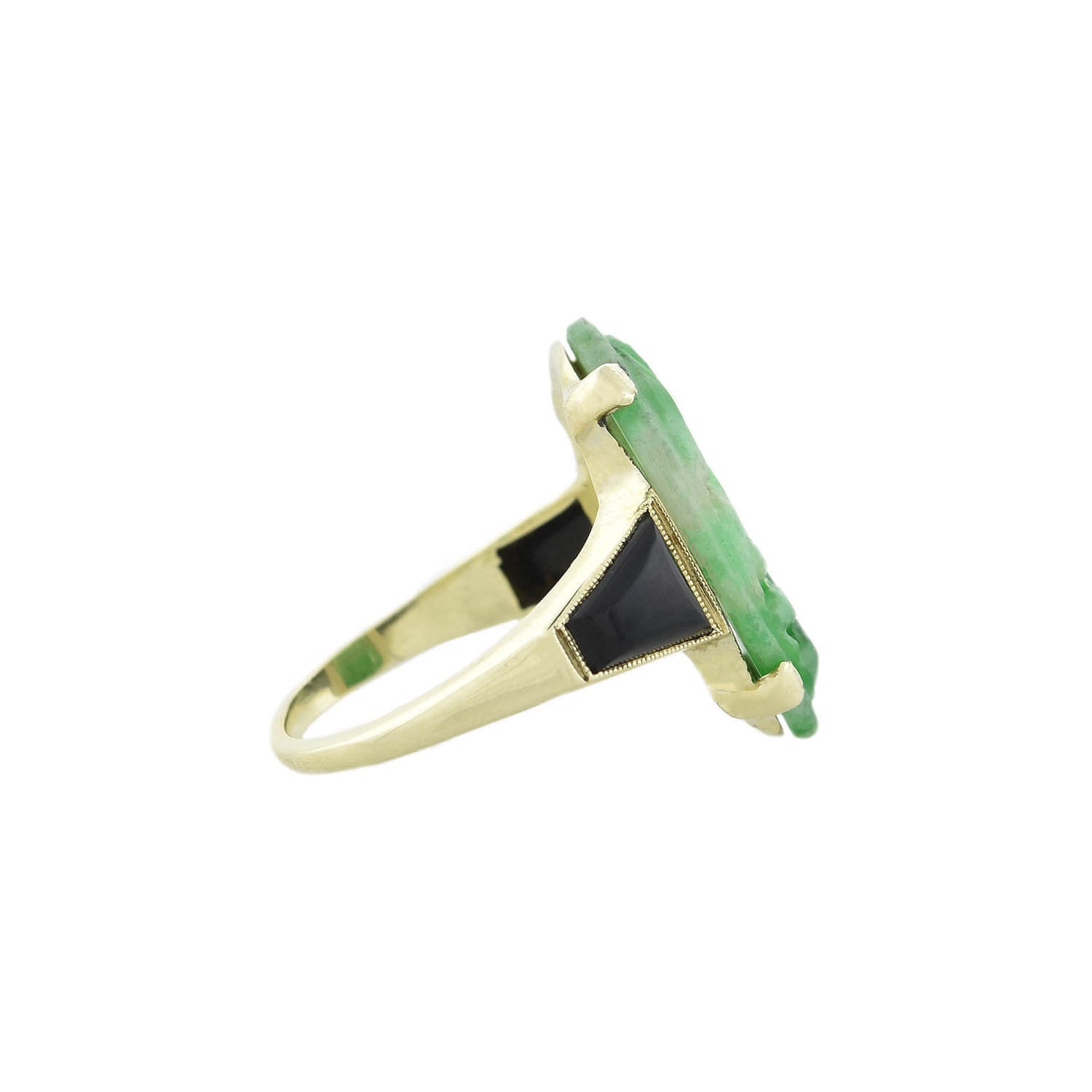 Art Deco 14kt Carved Natural Floral Jadite + Onyx Ring