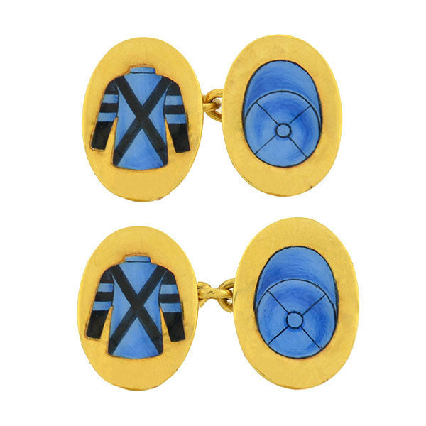 Art Deco 18kt Gold & Enamel Jockey Uniform Cufflinks