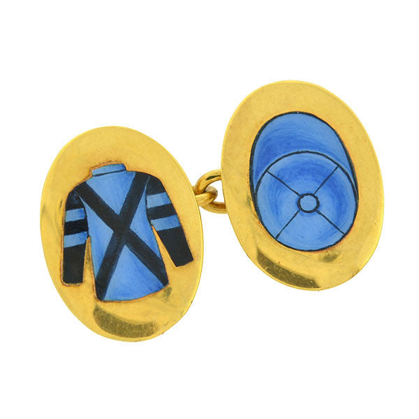 Art Deco 18kt Gold & Enamel Jockey Uniform Cufflinks