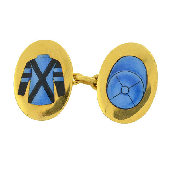 Art Deco 18kt Gold & Enamel Jockey Uniform Cufflinks