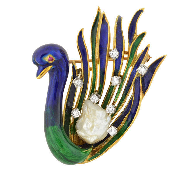 LA TRIOMPHE Vintage 18kt Diamond & Pearl Enameled Swan Pin