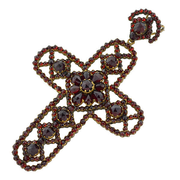 Victorian Large Brass & Bohemian Garnet Filigree Cross Pendant