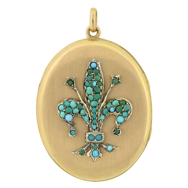 Victorian 14kt Large Fleur-De-Lys Turquoise Locket