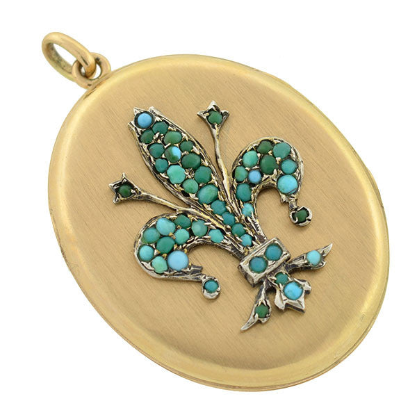 Victorian 14kt Large Fleur-De-Lys Turquoise Locket