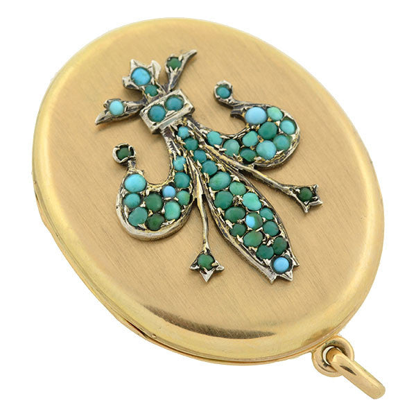 Victorian 14kt Large Fleur-De-Lys Turquoise Locket