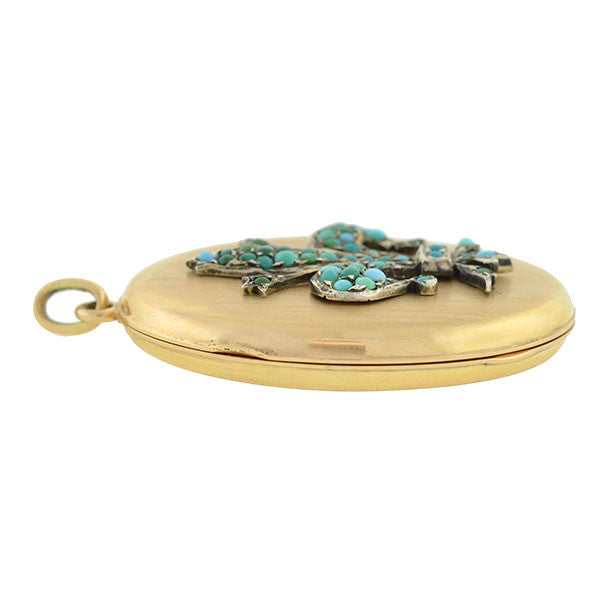 Victorian 14kt Large Fleur-De-Lys Turquoise Locket