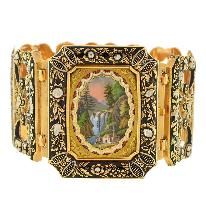 Early Large Victorian 18kt Swiss Enamel Bracelet w/Locket