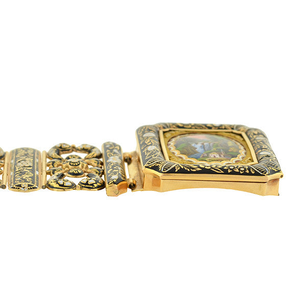 Early Large Victorian 18kt Swiss Enamel Bracelet w/Locket