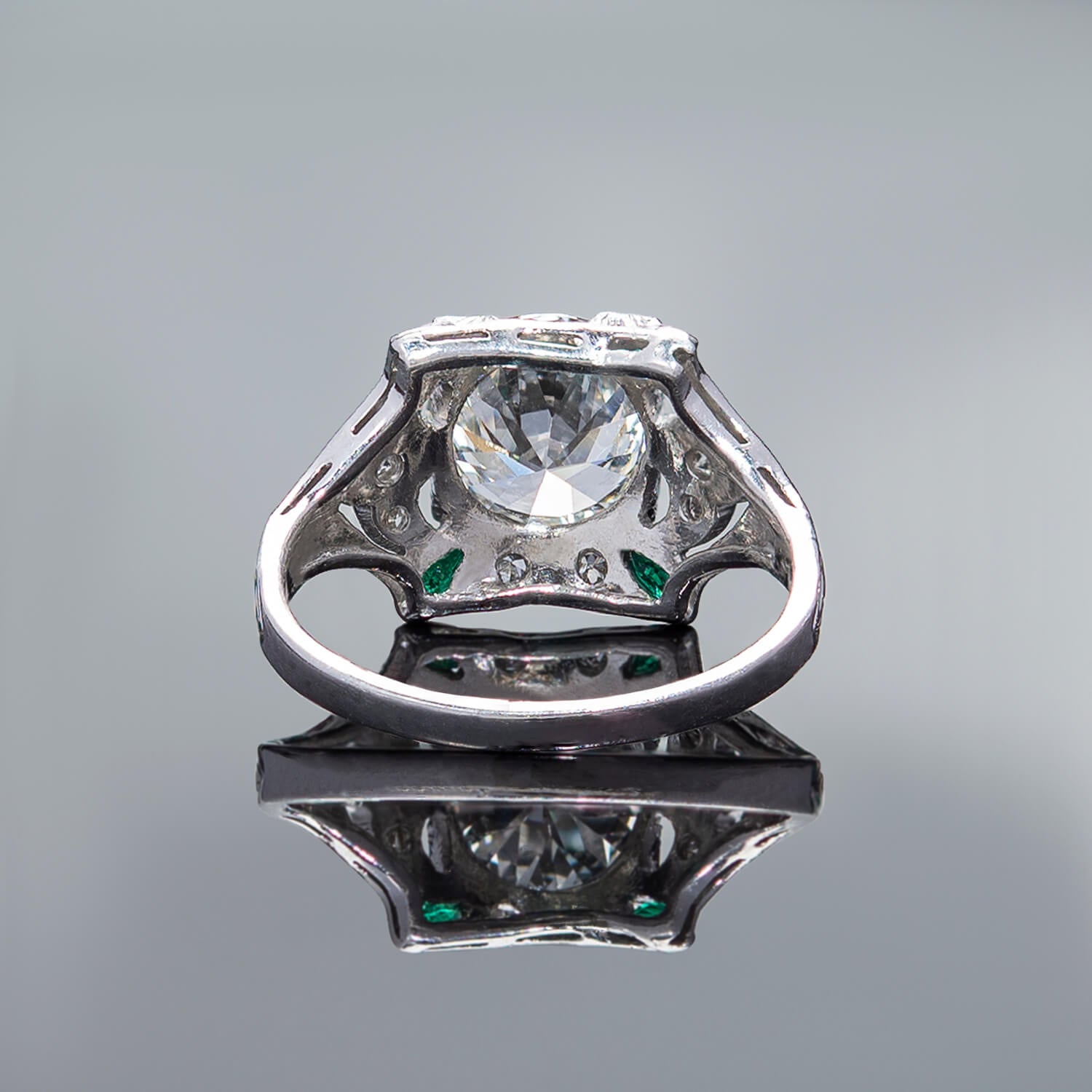 Art Deco Platinum Diamond + Emerald Engagement Ring 1.78ct