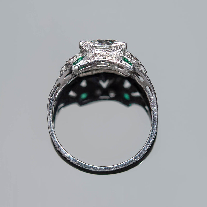 Art Deco Platinum Diamond + Emerald Engagement Ring 1.78ct