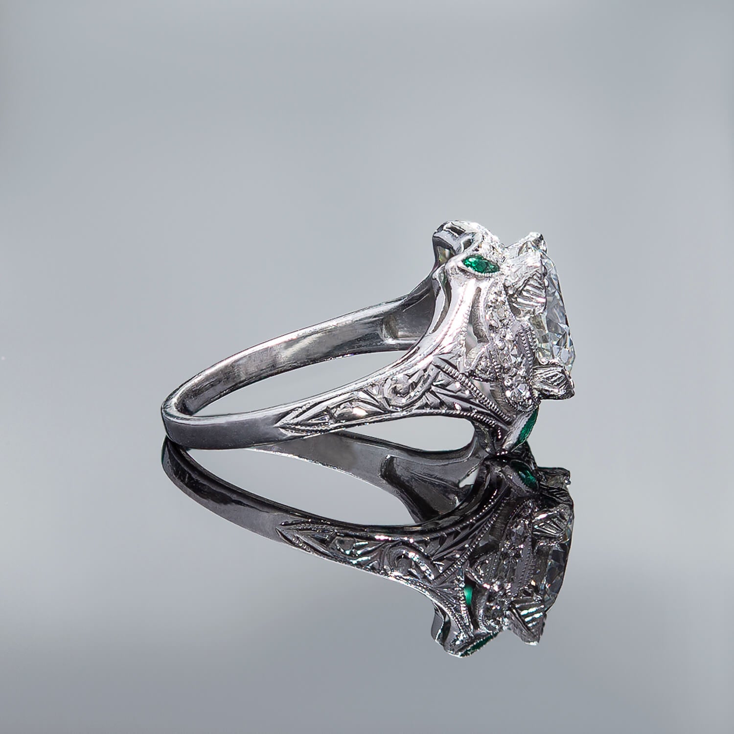 Art Deco Platinum Diamond + Emerald Engagement Ring 1.78ct