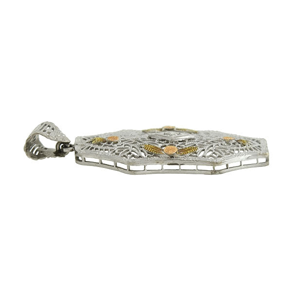 Art Deco 14kt Mixed Metals Diamond Filigree Pendant