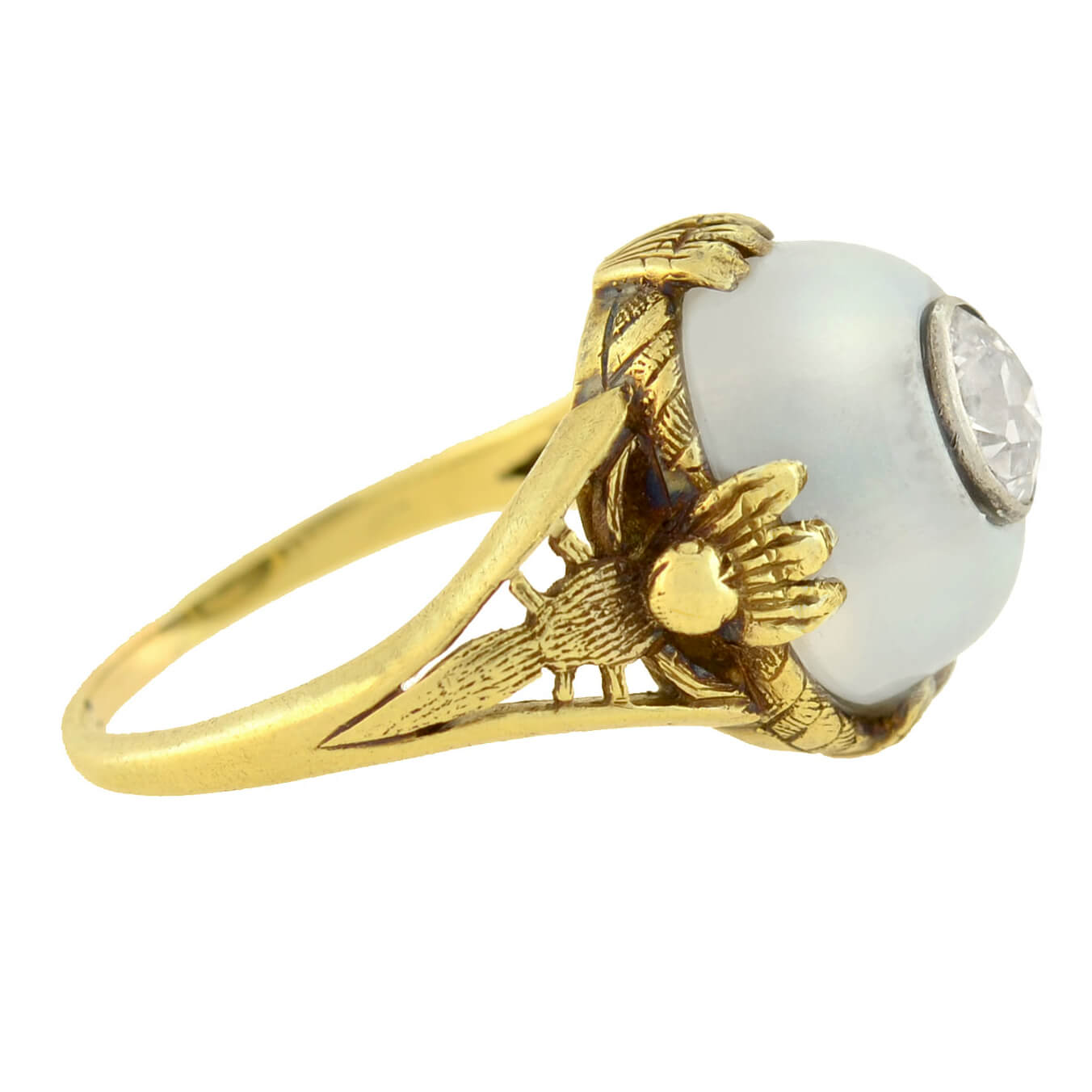 Art Nouveau 14kt Moonstone + Diamond Dragonfly Motif Ring 0.80ct center