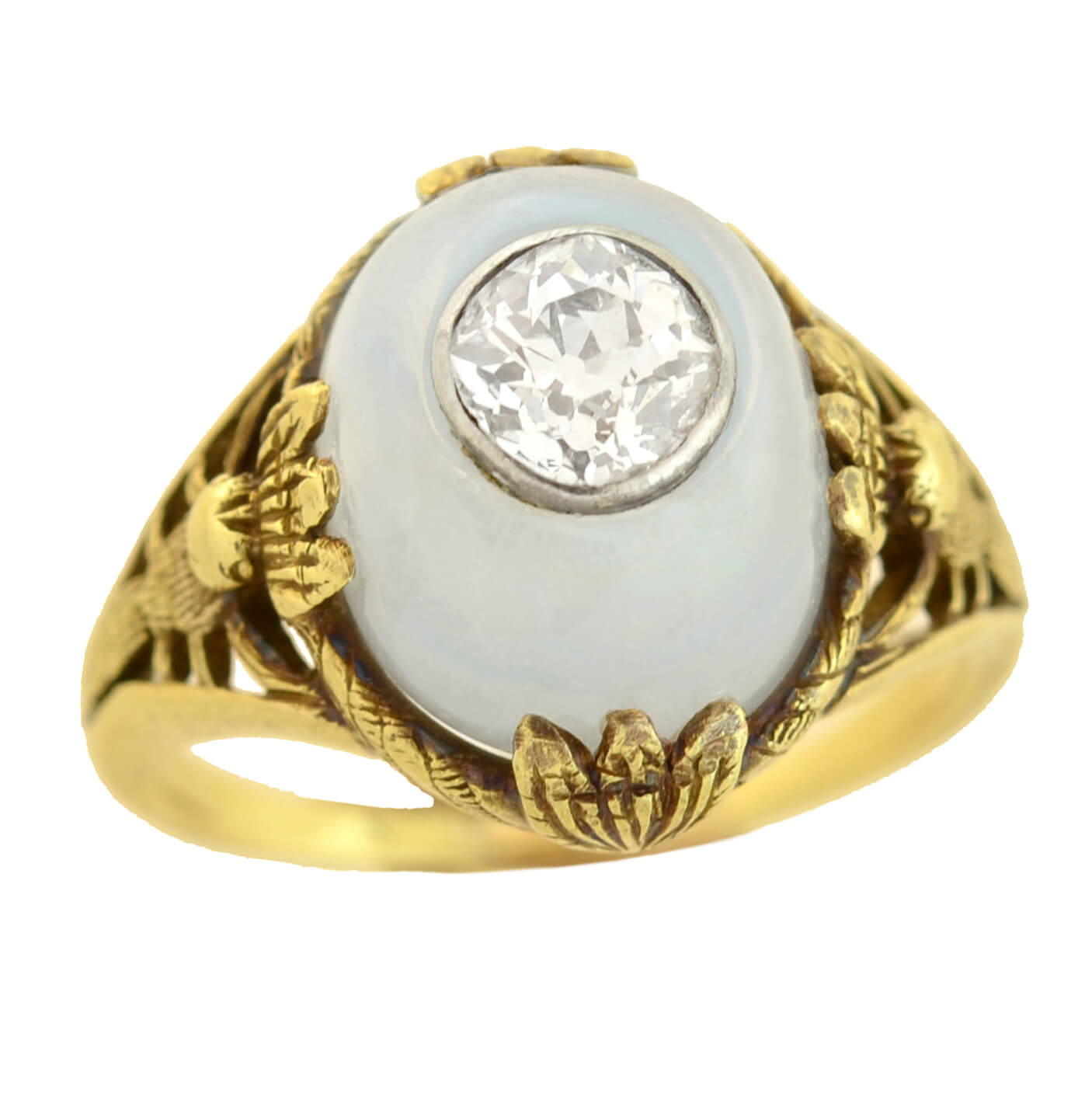 Art Nouveau 14kt Moonstone + Diamond Dragonfly Motif Ring 0.80ct center