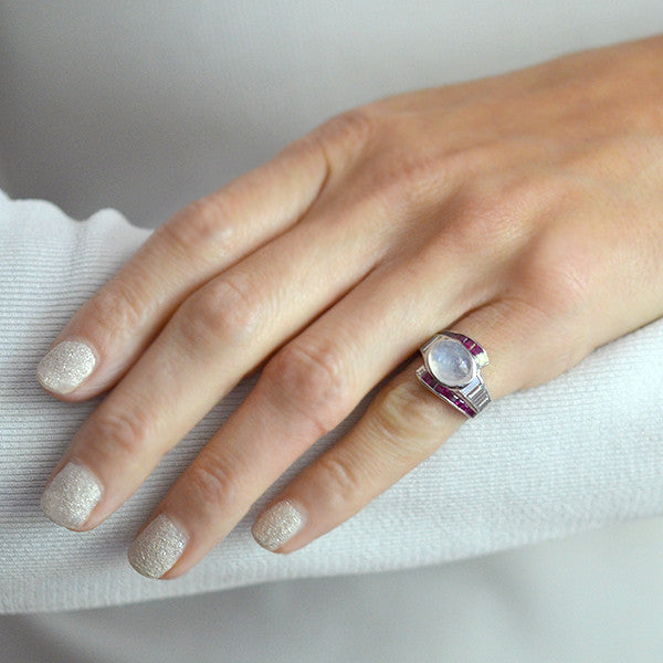 Retro Platinum Moonstone, Diamond & Ruby Ring