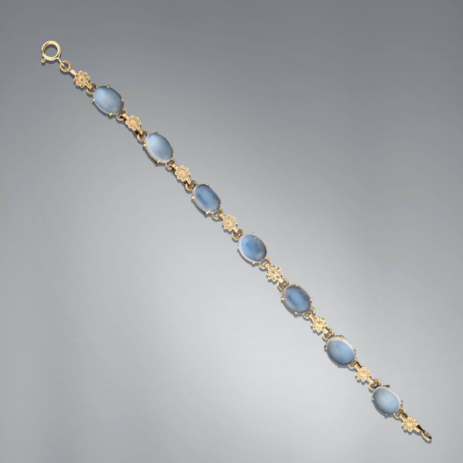 Retro 14k Gold Moonstone Flower Link Bracelet