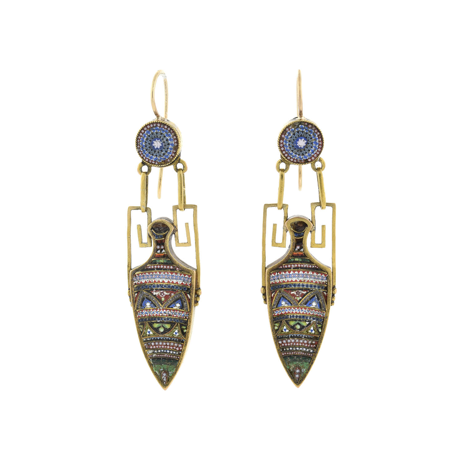 Victorian 18kt/14kt + Micro Mosaic Urn Dangle Earrings