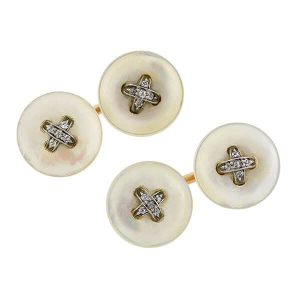 Victorian 14kt Mother of Pearl Diamond Button Cufflinks