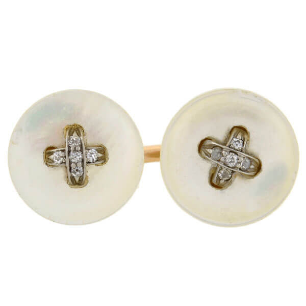 Victorian 14kt Mother of Pearl Diamond Button Cufflinks